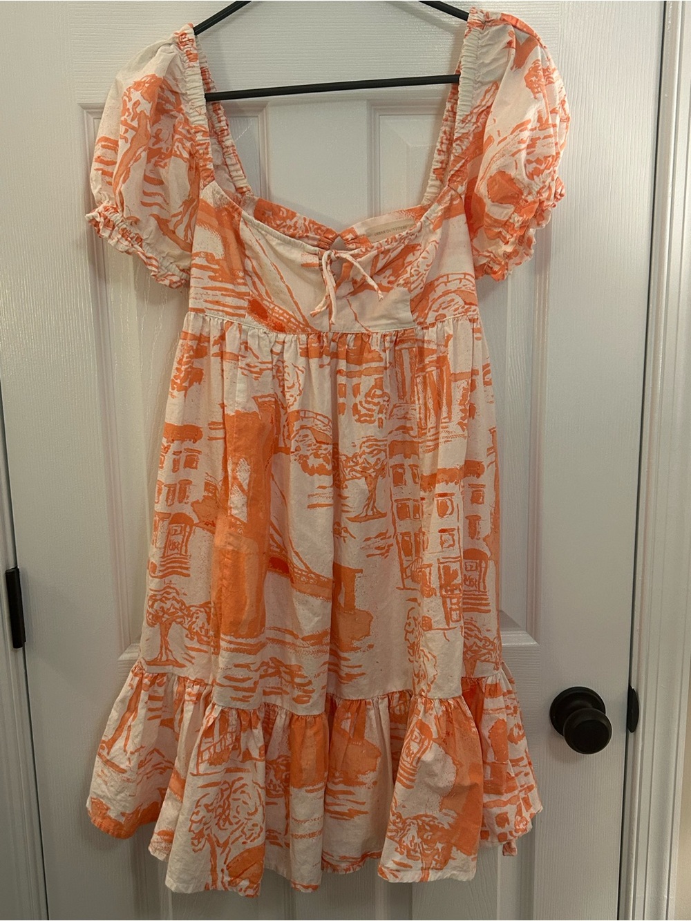 Urban Outfitters XS Orange Scenic Print Puff Sleeve Open Back Mini Dress